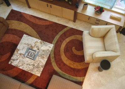 MC2 Design - Design Details: Custom coffee table with custom spiral carpet design and color