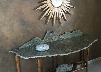 MC2 Design - Design Details: Mountain range buffet table with sunburst mirror and hand painted accent wall finish